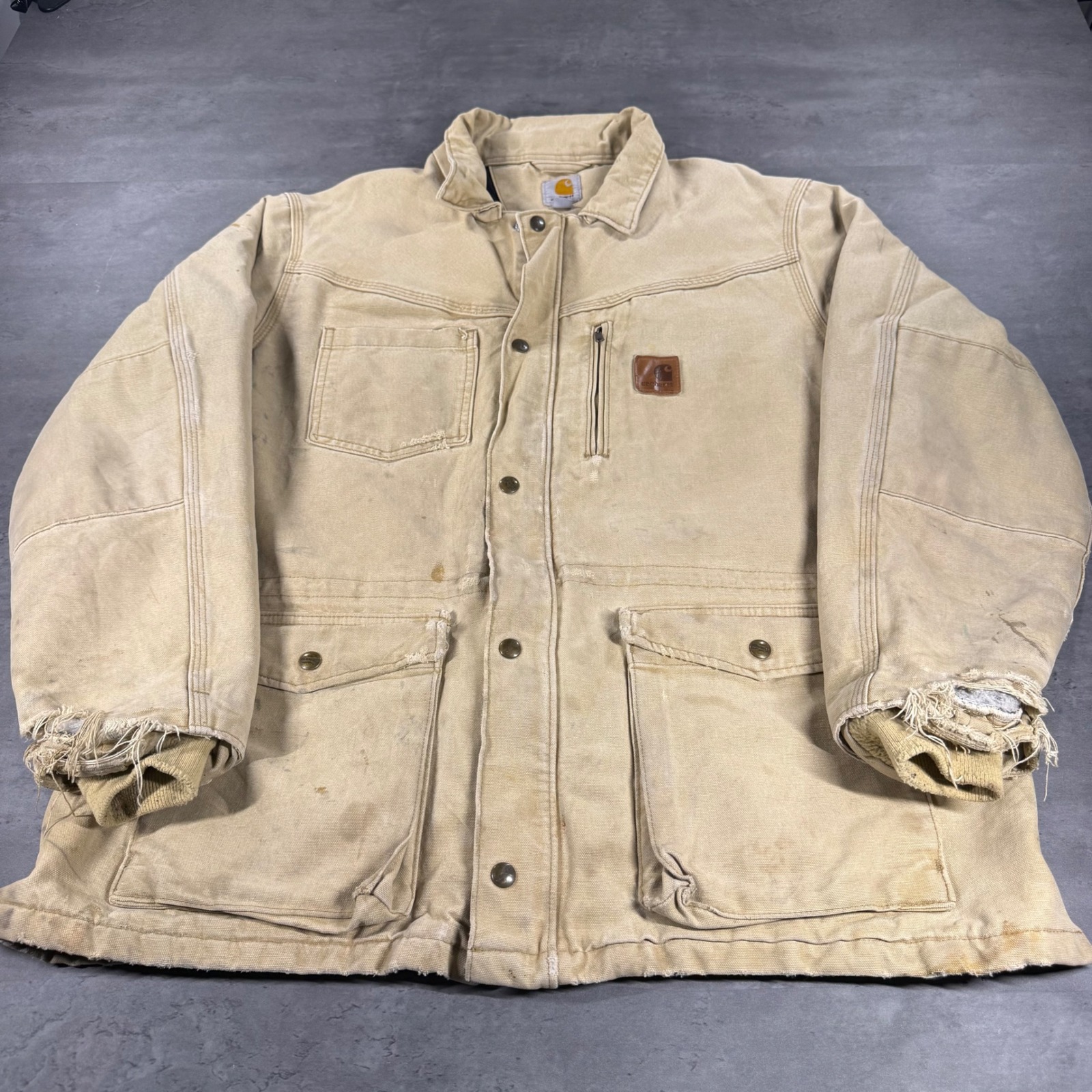 Carhartt Coat Jacket Men Large Tan Insulated Black Quilt Lined Thrashed Grunge